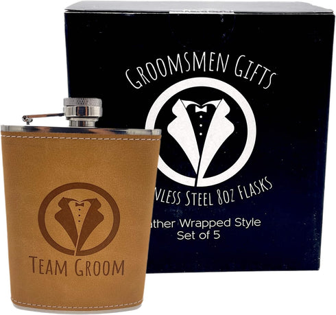Team Groom Leather Wrapped Hip Flask Bachelor Party Must-Have